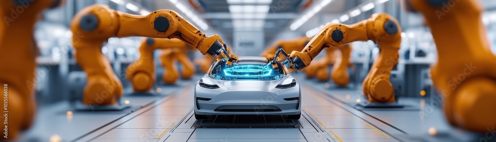 Poster an advanced robotic assembly line showcasing automation technology and vehicle manufacturing with pr