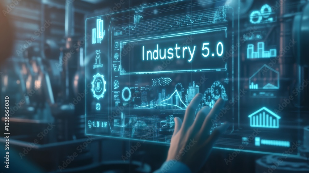Poster a person interacts with a digital interface displaying graphs and the term industry 5.0, symbolizing