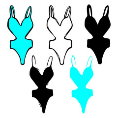 Woman bodysuit contour icons. Fashion glamour illustration. One-piece swimsuit, with V-neck and cut-outs. Front, black and cyan variations