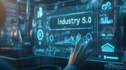 A person interacts with a digital interface displaying graphs and the term Industry 5.0, symbolizing advanced technological evolution in manufacturing.