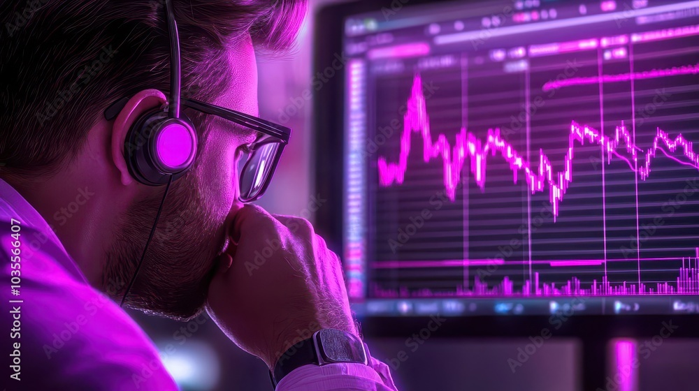 Poster focused professional analyzing data on a computer screen in a modern workspace with vibrant colors.