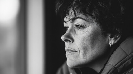 A candid black and white portrait of a person deep in thought, with a pensive expression.