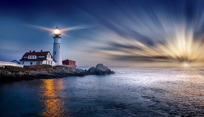 Fototapeta premium The lighthouse shines bright against the dark sea. 