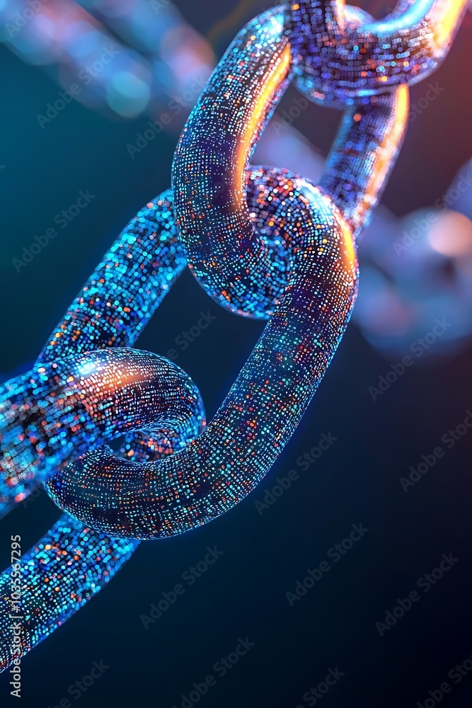 Poster futuristic setting depicting a digital chain link focused on enhancing cybersecurity.