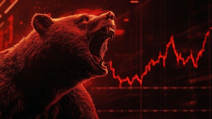 red wallstreet bear standing and roaring, in the background stock charts chart lines, stock crises, falling share prices, 16:9