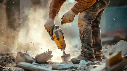 A construction worker using a pneumatic drill to break concrete, surrounded by debris, Demolition work scene