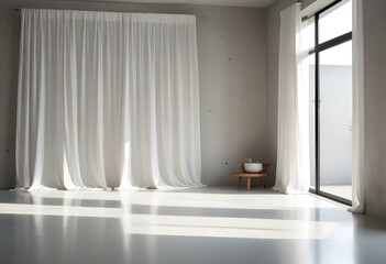 A minimalist interior with white curtains and a concrete wall, creates a serene and calming atmosphere