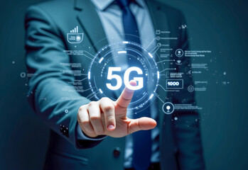 The hand touches the virtual 5G button, on a blue background