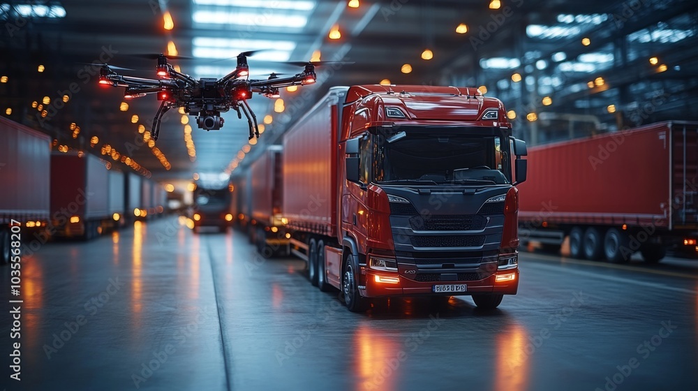 Poster A red delivery truck is positioned inside a bustling warehouse, while a drone hovers overhead, demonstrating efficient logistics operations during twilight hours.