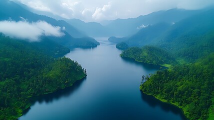 Aerial view of a serene lake surrounded by lush green mountains with fog.