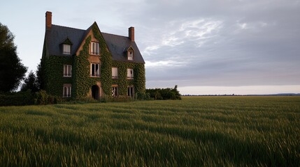 Fototapeta premium An old ch?teau in France, covered in ivy and surrounded by greenery, shows signs of neglect with broken windows and an eerie atmosphere