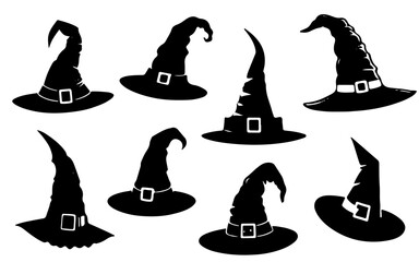 Set of Halloween witch hats silhouette. Hand drawn wizard spooky hats isolated on white background.  Halloween party costume elements. Vector illustration decorative elements for design decor.