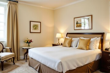 This hotel room has a spacious king size bed and a comfy chair