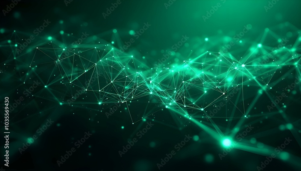 Poster Abstract green background with moving lines and dots. The concept of big data, technology, and science. Abstract dynamic wireframe tunnel on green background. Futuristic particle flow. 