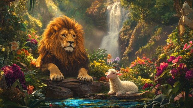 A mythical scene depicting a majestic lion and a gentle lamb peacefully coexisting in a lush paradise garden. The vibrant flora and serene atmosphere symbolize harmony and the transcendence