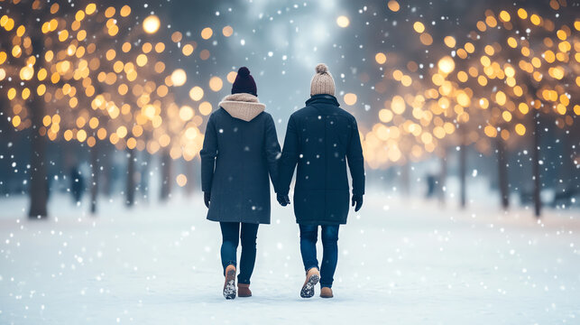 A couple walks hand in hand through a snowy landscape, surrounded by glowing holiday lights, creating a warm and romantic winter atmosphere.