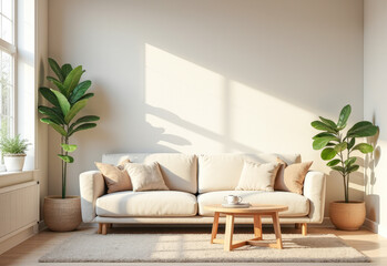 a bright living room with a sofa and an empty white wall for a copy space,