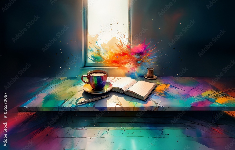 Poster a colorful abstract explosion spills out of a window behind a table with a cup of coffee, an open no