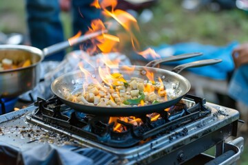 A portable LPG gas stove being used for outdoor camping, with food cooking over a flame. MZ