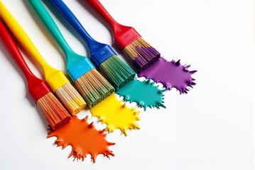 Colorful paint brushes with splashes on a white background