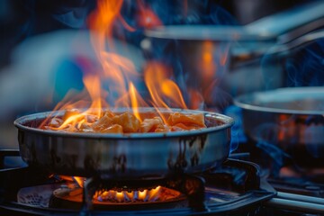 A portable LPG gas stove being used for outdoor camping, with food cooking over a flame. MZ