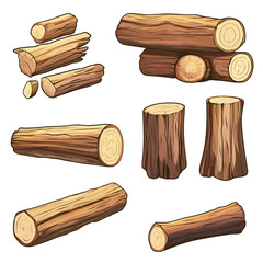 Set of game assets brown logs and firewood, wood texture in flat cartoon style on transparent background