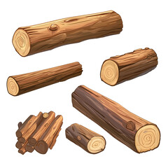 Set of game assets brown logs and firewood, wood texture in flat cartoon style on transparent background
