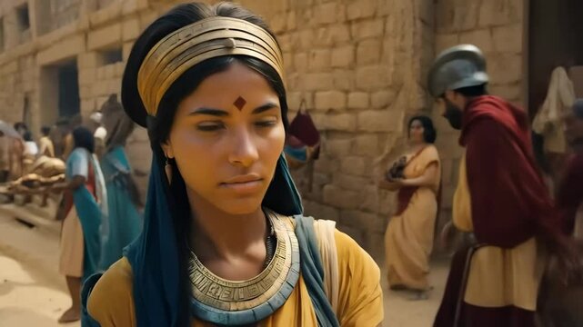A woman from ancient era standing in a street
