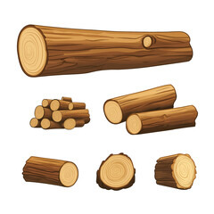 Set of game assets brown logs and firewood, wood texture in flat cartoon style on transparent background