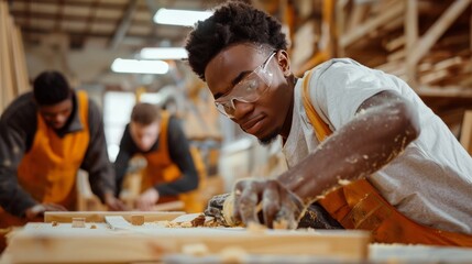Young adults in a vocational training workshop learning carpentry