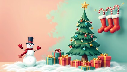Festive Christmas illustration with snowman, decorated tree and colorful gifts at the foot of the tree, with candy canes in red socks against a backdrop of fake snow.