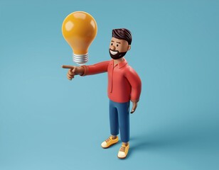 A cartoon man points to a lightbulb above his head, 3D illustration
