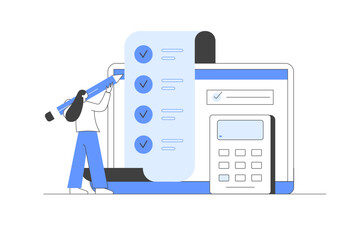 Budget bookkeeping. Paperwork. Character accounting debit and credit, calculating bills and income taxes. Financial management concept. Flat Cartoon Vector Illustration. Minimalist line, abstract