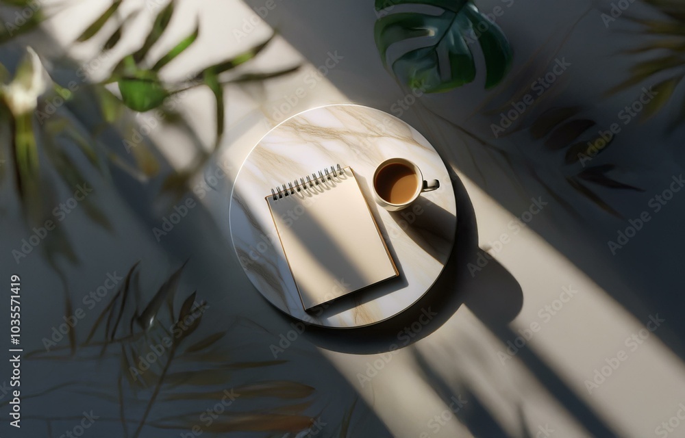Poster a spiral notebook and a mug rest on a round marble coaster with the sunlight casting shadows from fo