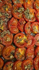 Close-up of baked tomatoes with herbs and seasoning