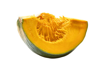 Side view of fresh green japanese pumpkin slice or piece isolated with clipping path in png file format