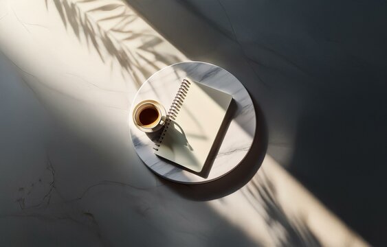 A white notebook and a cup of coffee are sitting on a white round marble coaster. The items are in a beam of sunlight and cast shadows on the surface beneath.