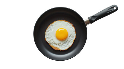 Fried egg in a black non-stick frying pan isolated on transparent background