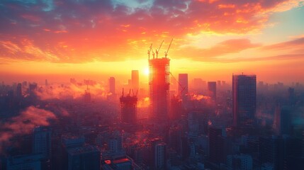 Fototapeta premium modern skyscraper under construction, large cranes in motion, steel beams and scaffolding 