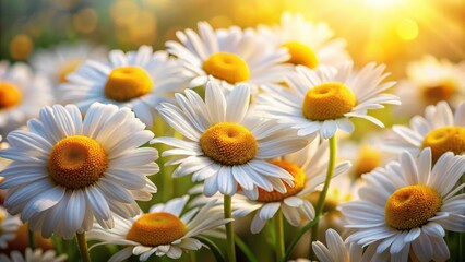 Fototapeta premium A close-up view of white daisies with yellow centers bathed in the warm glow of the setting sun, showcasing the delicate beauty of nature's simplicity.