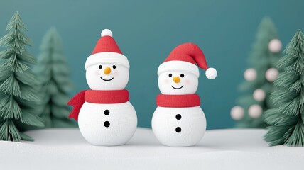 Cheerful snowmen in festive hats surrounded by miniature trees on a light winter background.