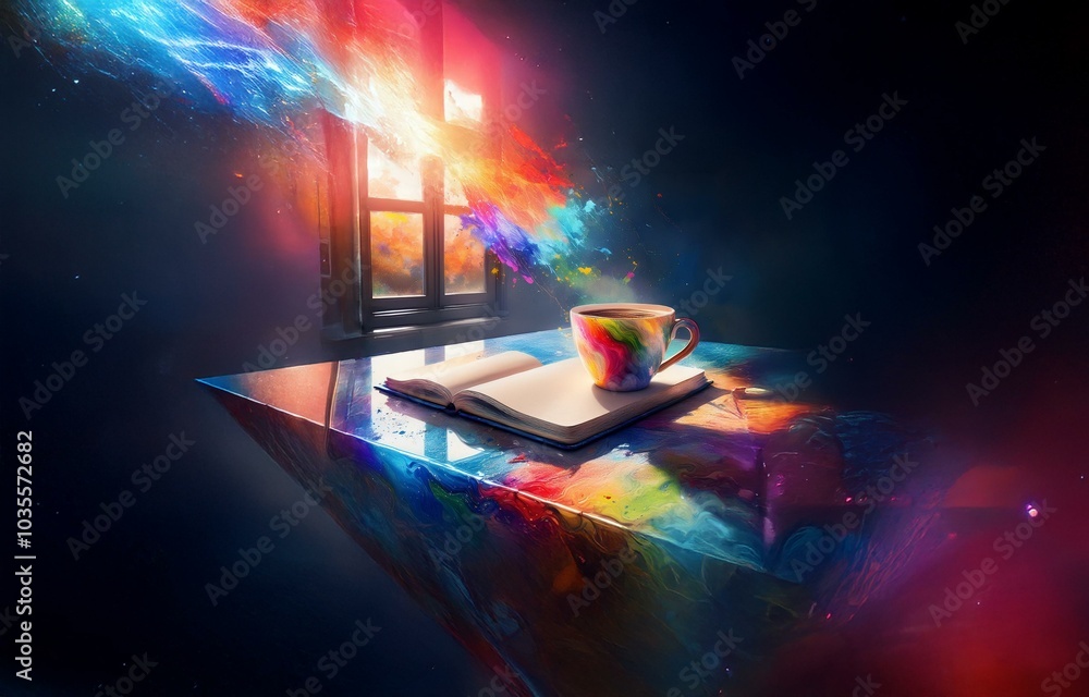 Poster a colorful cup of coffee sits on a book, resting on a floating platform. the platform is swirling wi