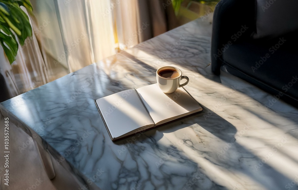 Poster a cup of coffee sits on top of an open book, resting on a marble table. sunlight streams through a w