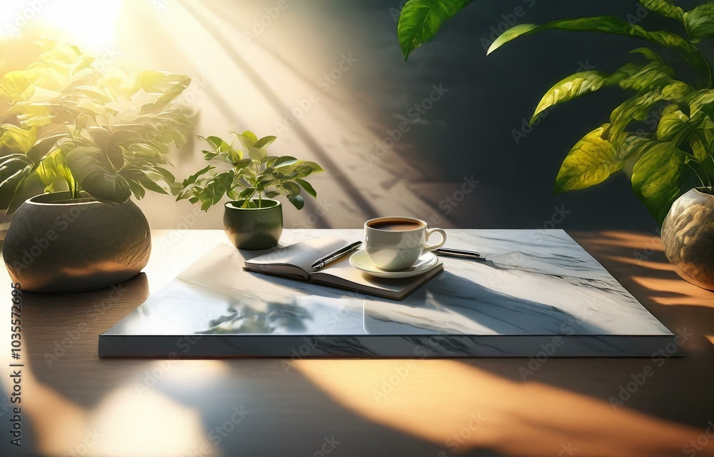Poster sunlight streams through a window, illuminating a marble tabletop with a cup of coffee, a notebook, 