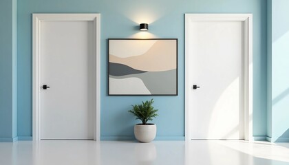 Modern Hallway with Abstract Art and Potted Plant  
