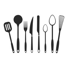 Kitchen Utensils Icon Set with Forks, Spoons, and Knives for Culinary Designs.