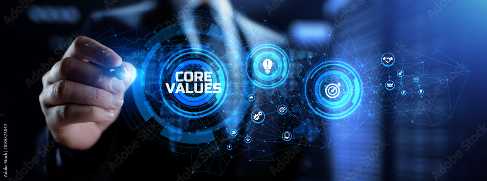 Poster core values responsibility innovation. businessman pressing button on screen.
