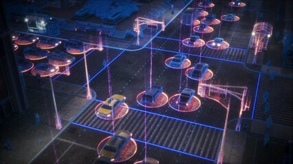 Futuristic Concept: Computer Vision of Busy City Street with Driverless Autonomous Cars and Pedestrians. Futuristic Self-Driving Transport is Moving on a Public Highway in a Modern City - Powered by Adobe