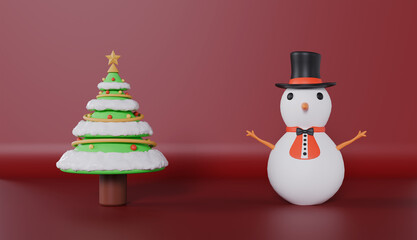 Cute cartoon snowman with Christmas tree, hat, and scarf, standing in snowy winter landscape for holiday celebration