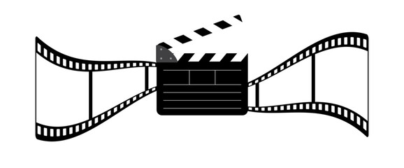 Clapper board, 35mm retro film reel 3d vector graphic isolated on white. 3d filmstrip frames movie production icon illustration to use for motion picture, television, cinema, film project.